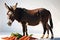 Quaint Encounter: Domestic Donkey Standing Amidst Scattered Carrots and Apples, Ready to Munch