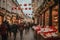 A quaint European street on Saint Nicholas Day, adorned with festive decorations and lights, shoppers carrying bags of gifts