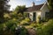 quaint garden cottage, with view of the gardens and rolling hills in the distance