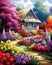 Quaint garden House adorned with vibrant blooming flowers