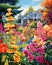 Quaint garden House adorned with vibrant blooming flowers