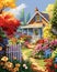 Quaint garden House adorned with vibrant blooming flowers