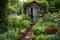 a quaint garden shed surrounded by a thriving vegetable patch