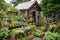 a quaint garden shed surrounded by a thriving vegetable patch