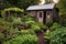 a quaint garden shed surrounded by a thriving vegetable patch