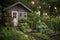 a quaint garden shed surrounded by a thriving vegetable patch