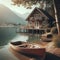 Quaint lake side cabin with boat of water\\\'s edge
