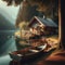 Quaint lake side cabin with boat of water\\\'s edge