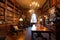 quaint library, with wooden bookshelves and antique lamps, in historical mansion
