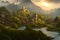 A Quaint Medieval Village in the Heart of a Lush Forested Valley, Bathed in the Warmth of the Setting Sun with Generative AI