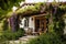 a quaint mediterranean home with a vine-covered pergola