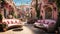 Quaint pastel hotel courtyard, surrounded by pastel-painted buildings, a central fountain, and hanging fairy lights, a cozy