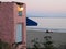 Quaint pink stucco building overlooks the beach, Capitola, CA.