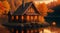 Quaint rustic witch\\\'s cabin by the lake, autumn forest background, orange and honey colors, AI Generative