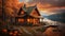 Quaint rustic witch\\\'s cabin by the lake, autumn forest background, orange and honey colors, AI Generative