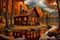 Quaint rustic witchs cabin by the lake autumn forest background orange