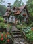 A quaint stone cottage in a lush garden