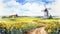 Quaint Windmill And Vibrant Sunflowers: Peaceful Watercolor Tundra