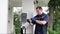 Qualified technician install home EV charging station. Fastidious