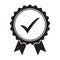 Quality check ribbon icon. Vector product certified or best choice recommended award and warranty check approved certificate mark