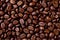 Quality Coffee beans, dark, brown, roasted. View from above