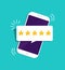 Quality stars rating. Customer review with gold star icon in mobile. 5 stars assessment of customer in flat style. Feedback