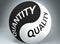 Quantity and quality in balance - pictured as words Quantity, quality and yin yang symbol, to show harmony between Quantity and