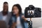 Quarantine Blog. Happy African American Couple Recording Video At Home