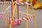 Quarantine concept. Empty playground is closed for quarantine Covid-19. Playground is blocked by red warning tape. Stay home