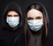 Quarantine Couple. Girl and Boy in medicine Mask and Hoodie
