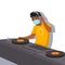 Quarantine, a man in a yellow shirt and a face mask is playing music, DJ