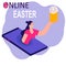 Quarantine. Online Easter. Happy woman with Easter cake at online celebration organized by her phone. Concept of communications in