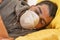 Quarantine oubreak Coronavirus. Sick man of corona virus lying down in bed wearing mask protection mask and recovery from home