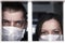 Quarantine. A sick man and woman in protective medical masks look through the hospital bars. emotions on the face - fear