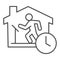 Quarantine sports at home thin line icon. Person jogging at treadmill with clock outline style pictogram on white