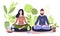 Quarantine, stay at home concept - two people sitting at their home, room or apartment, practicing yoga, enjoying meditation,