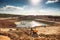 Quarry landscape, limestone mining excavator