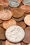 Quarter Dollar coin closeup over coins