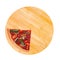 A quarter of tasty pizza with spicy salami, arugula, tomatoes, mushrooms and texas spice mix, on a round wooden platter, isolated