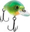 Quartering view of a plastic green fishing lure