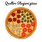 Quattro stagioni pizza with pepperoni, olives, mushrooms, tomato.