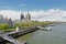 Quay along river Rhine with towers of the Cathedral and great Saint martin church and medieval houses in Cologne,