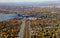 Quebec, Canada - October 27, 2019 - The aerial view of the highway overlooking the striking fall foliage in the city