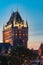 Quebec City skyline with Chateau Frontenac at sunset viewed from hill, nightsky