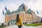 Quebec city travel woman walking on Promenade Terrasse Duffering visiting old town. Autumn Canada vacation destination