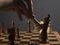 Queen beating king on chessboard. Checkmate in chess. Female hands and dark gray background