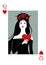 Queen of Hearts with crown, roses and thorns, holding a heart. Poker card