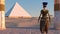 Queen Nefertiti admires the pyramids and desert views from the ancient temple. Historical animation. The Great Pyramids In Giza