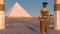 Queen Nefertiti admires the pyramids and desert views from the ancient temple. Historical animation. The Great Pyramids In Giza