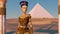 Queen Nefertiti in front of the great pyramid of Giza and a view of the desert in the ancient temple. Historical